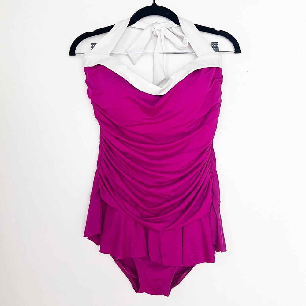 Lauren Ralph Lauren Bel Air Skirted One-Piece Swimsuit fuchsia pink retro sz 16
